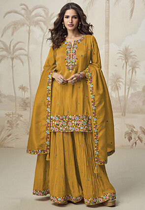 Embroidered Art Silk Pakistani Suit in Mustard