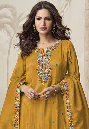 Embroidered Art Silk Pakistani Suit in Mustard