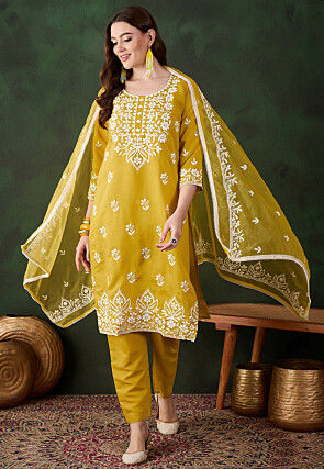 Embroidered Art Silk Pakistani Suit in Mustard