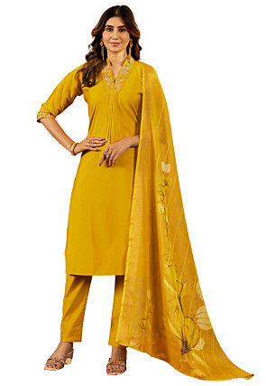 Embroidered Art Silk Pakistani Suit in Mustard