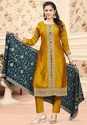 Embroidered Art Silk Pakistani Suit in Mustard