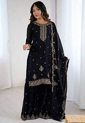 Embroidered Art Silk Pakistani Suit in Navy Blue