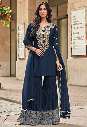 Embroidered Art Silk Pakistani Suit in Navy Blue