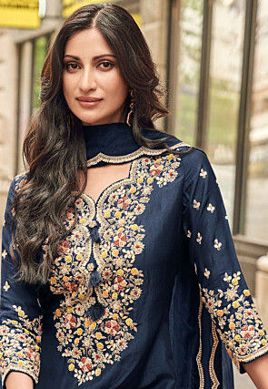 Embroidered Art Silk Pakistani Suit in Navy Blue