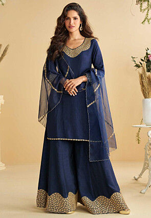Embroidered Art Silk Pakistani Suit in Navy Blue