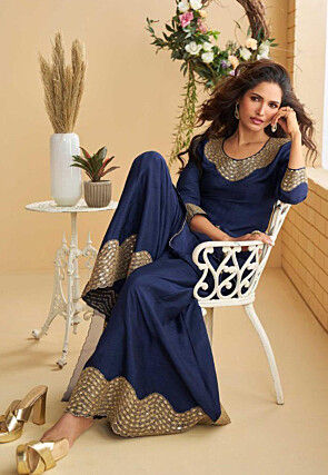 Embroidered Art Silk Pakistani Suit in Navy Blue