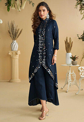 Embroidered Art Silk Pakistani Suit in Navy Blue
