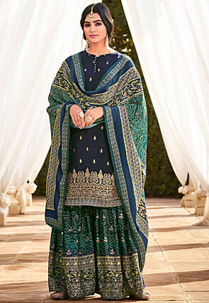 Embroidered Art Silk Pakistani Suit in Navy Blue