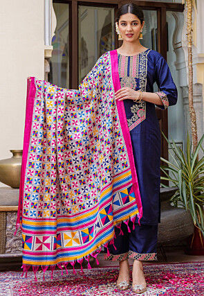 Embroidered Art Silk Pakistani Suit in Navy Blue