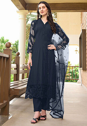 Embroidered Art Silk Pakistani Suit in Navy Blue