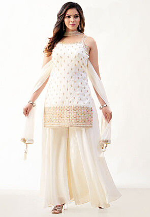 Embroidered Art Silk Pakistani Suit in Off White