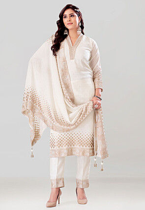 Embroidered Art Silk Pakistani Suit in Off White