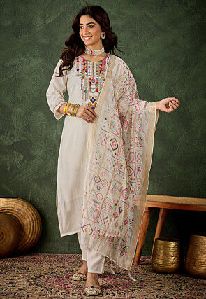 Embroidered Art Silk Pakistani Suit in Off White