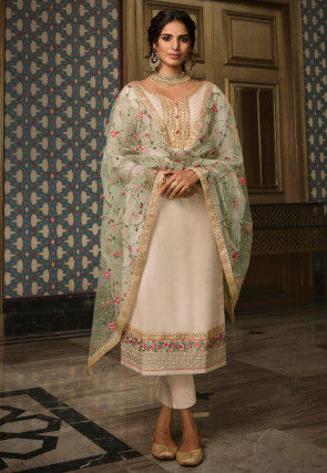 Embroidered Art Silk Pakistani Suit in Beige