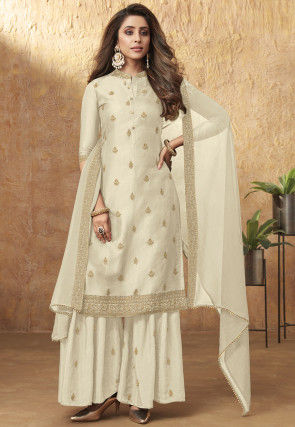 Embroidered Art Silk Pakistani Suit in Off White