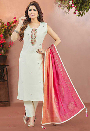 Embroidered Art Silk Pakistani Suit in Off White