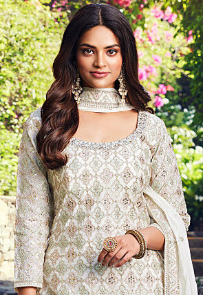 Embroidered Art Silk Pakistani Suit in Off White