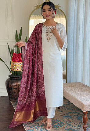 Embroidered Art Silk Pakistani Suit in Off White