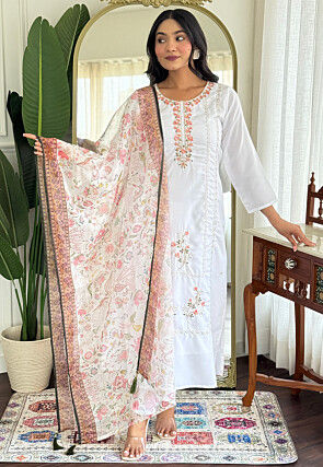 Embroidered Art Silk Pakistani Suit in Off White