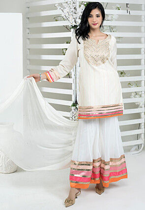 Embroidered Art Silk Pakistani Suit in Off White
