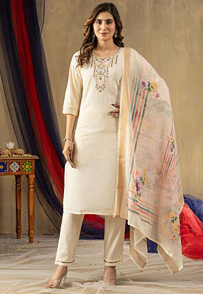 Embroidered Art Silk Pakistani Suit in Off White