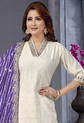 Embroidered Art Silk Pakistani Suit in Off White