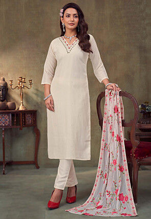 Embroidered Art Silk Pakistani Suit in Off White