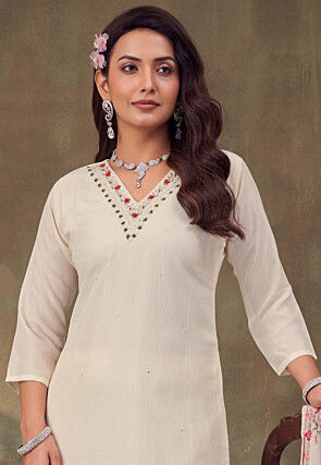 Embroidered Art Silk Pakistani Suit in Off White
