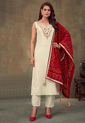 Embroidered Art Silk Pakistani Suit in Off White