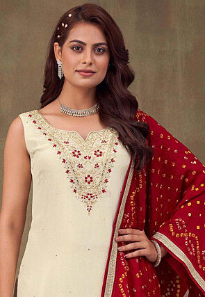 Embroidered Art Silk Pakistani Suit in Off White