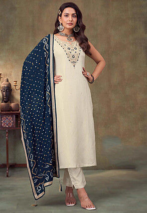 Embroidered Art Silk Pakistani Suit in Off White