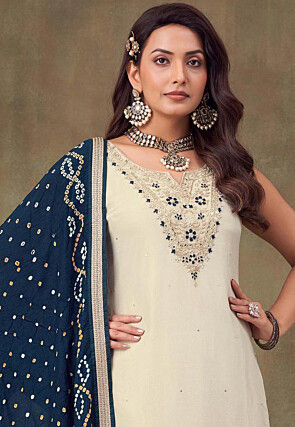 Embroidered Art Silk Pakistani Suit in Off White