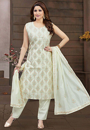 Embroidered Art Silk Pakistani Suit in Off White