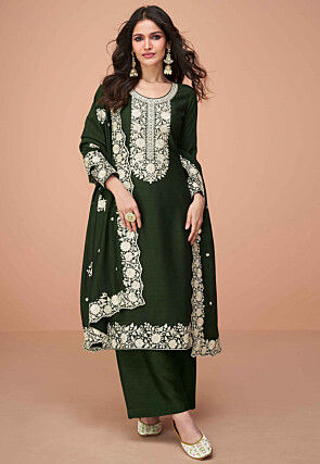 Embroidered Art Silk Pakistani Suit in Olive Green