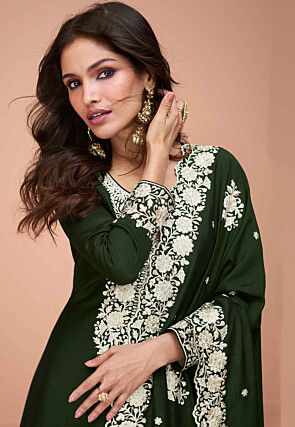 Embroidered Art Silk Pakistani Suit in Olive Green