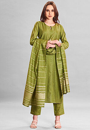 Embroidered Art Silk Pakistani Suit in Olive Green