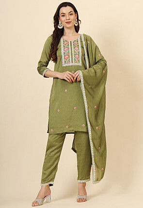Embroidered Art Silk Pakistani Suit in Olive Green