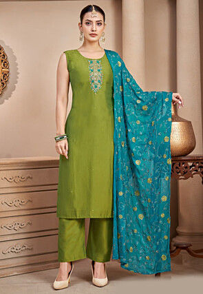 Embroidered Art Silk Pakistani Suit in Olive Green