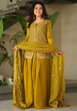Embroidered Art Silk Pakistani Suit in Olive Green