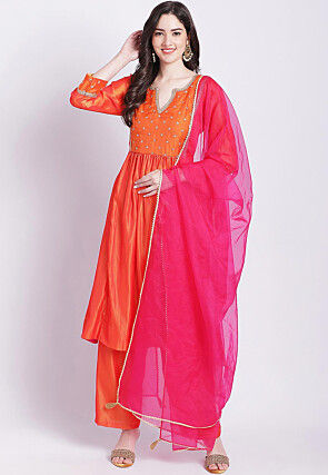 Embroidered Art Silk Pakistani Suit in Orange and Golden