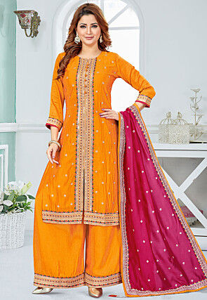 Embroidered Art Silk Pakistani Suit in Orange