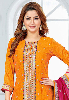 Embroidered Art Silk Pakistani Suit in Orange