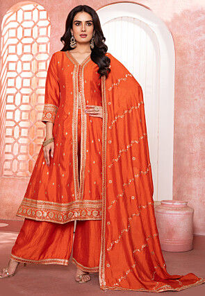 Embroidered Art Silk Pakistani Suit in Orange