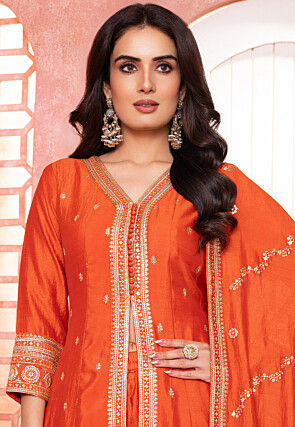 Embroidered Art Silk Pakistani Suit in Orange