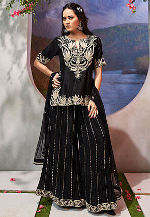 Embroidered Art Silk Pakistani Suit in Black