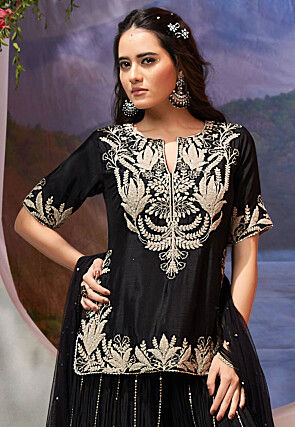 Embroidered Art Silk Pakistani Suit in Black