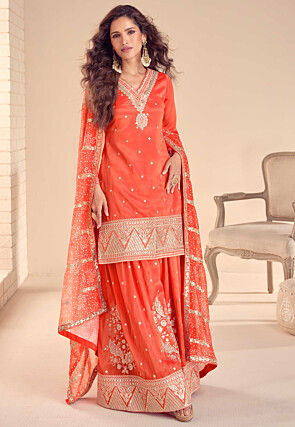 Embroidered Art Silk Pakistani Suit in Orange
