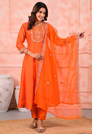 Embroidered Art Silk Pakistani Suit in Orange