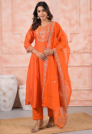 Embroidered Art Silk Pakistani Suit in Orange