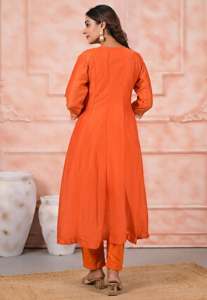 Embroidered Art Silk Pakistani Suit in Orange